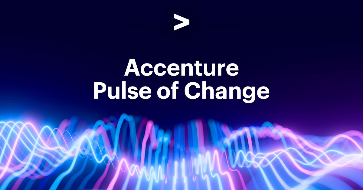 Accenture Pulse of Change graphic with the Accenture logo and title in white over a dark blue background with glowing blue and violet wave lines
