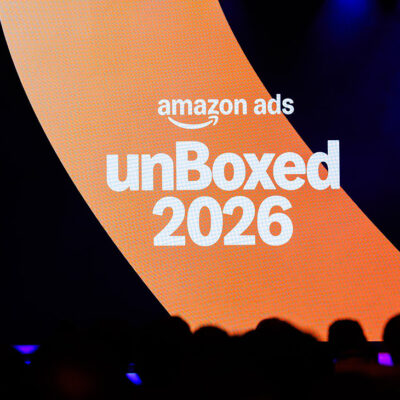 Amazon Ads unBoxed 2026 logo on the keynote stage screen in San Francisco.