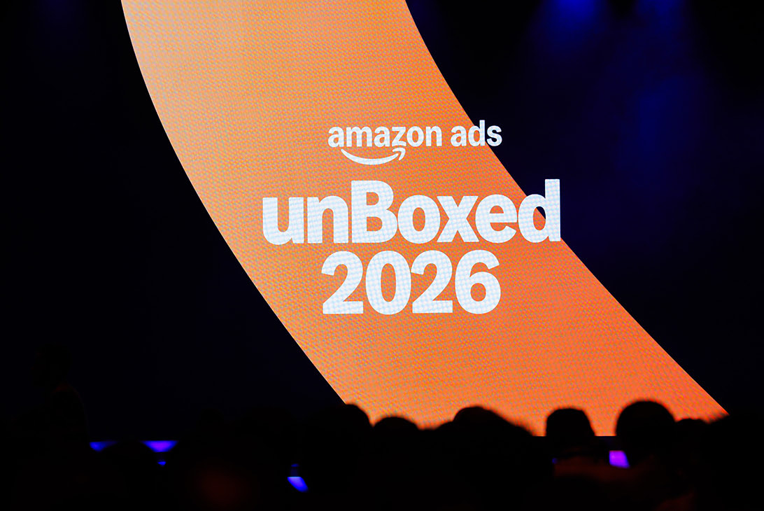 Amazon Ads unBoxed 2026 logo on the keynote stage screen in San Francisco.