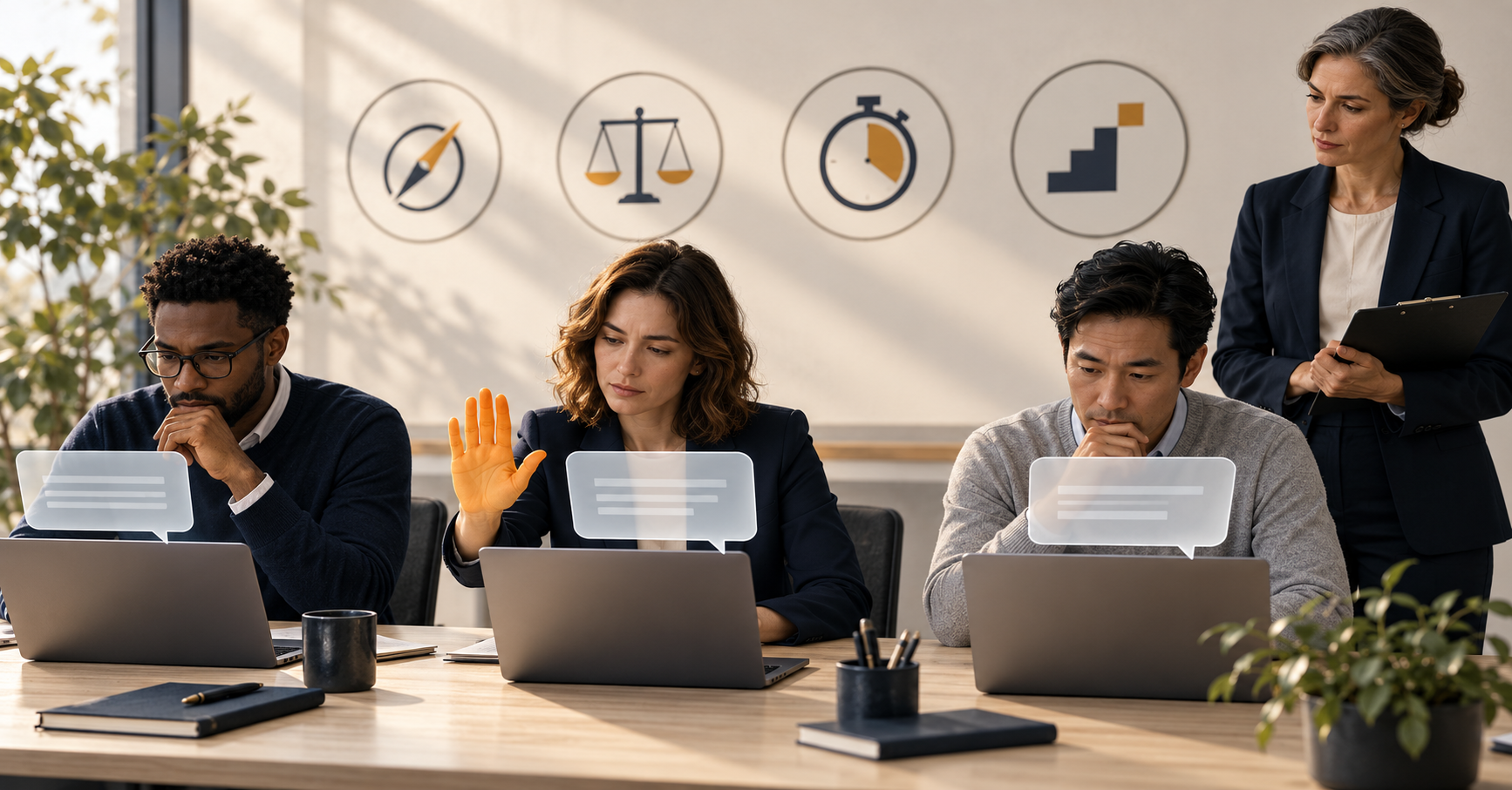 Three staff review AI chat answers on laptops, one raising a hand to push back, as a colleague with a clipboard observes
