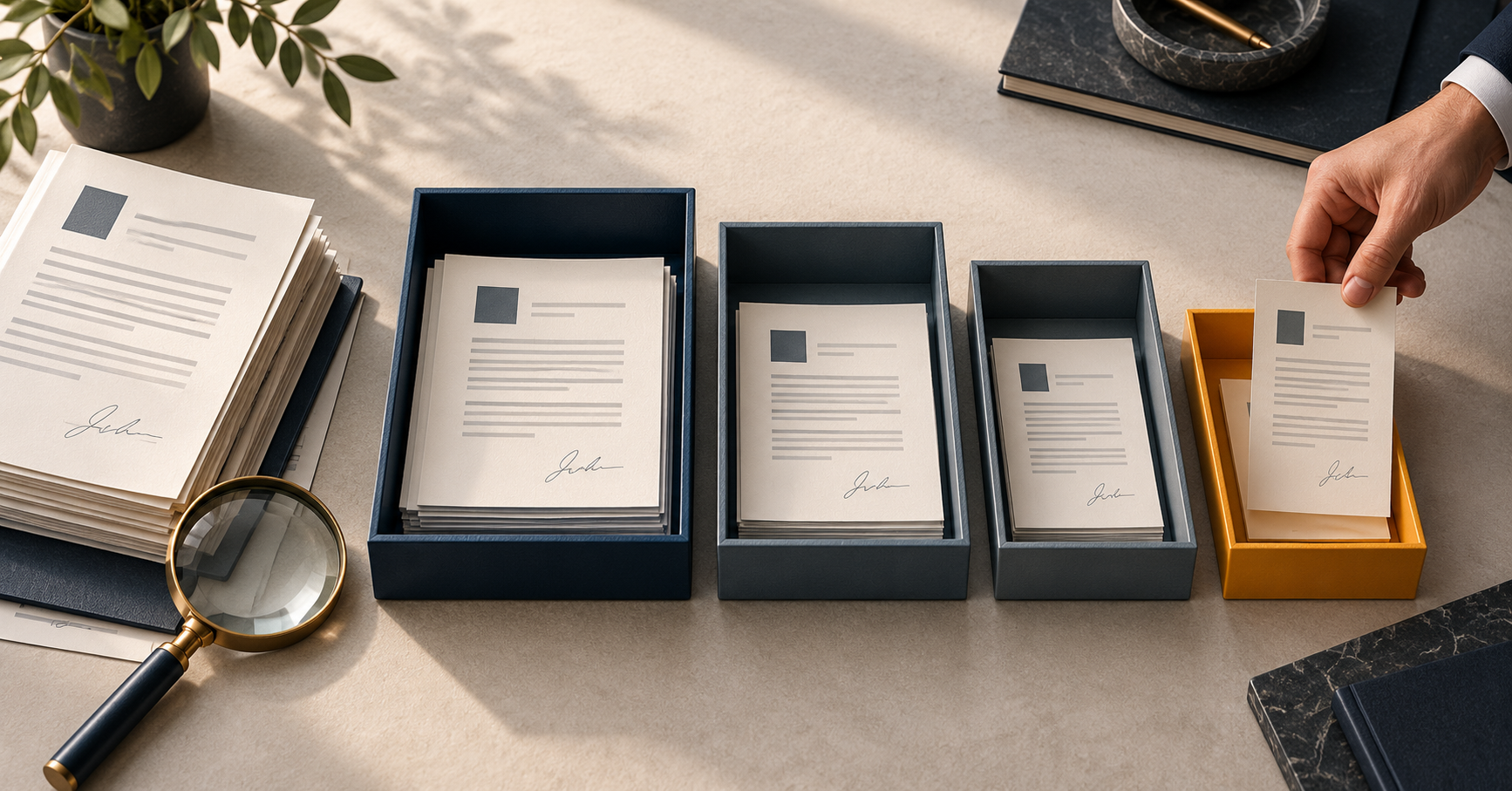 Signed records sorted into ever smaller trays beside a magnifying glass, ending in a gold tray, for an AI governance audit