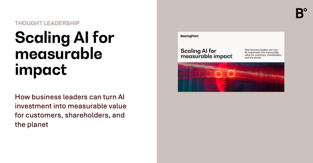 BearingPoint graphic for its 2026 study Scaling AI for measurable impact, on turning AI investment into measurable value for customers, shareholders, and the planet.