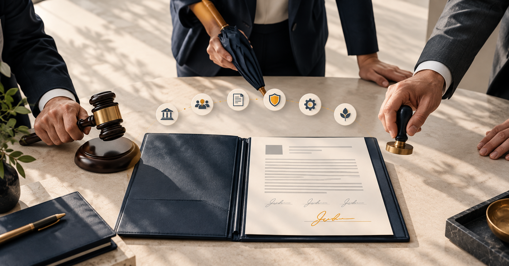 Three hands hold a gavel, a closed umbrella, and a brass stamp around an open folder with a signed document on a marble table