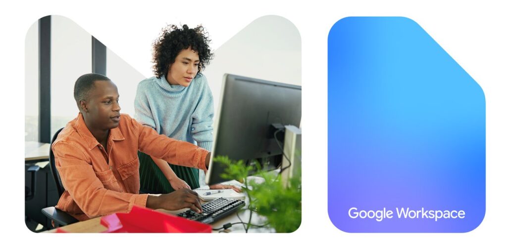 Google Workspace hero graphic showing two coworkers reviewing work at a desktop computer beside a blue Google Workspace panel