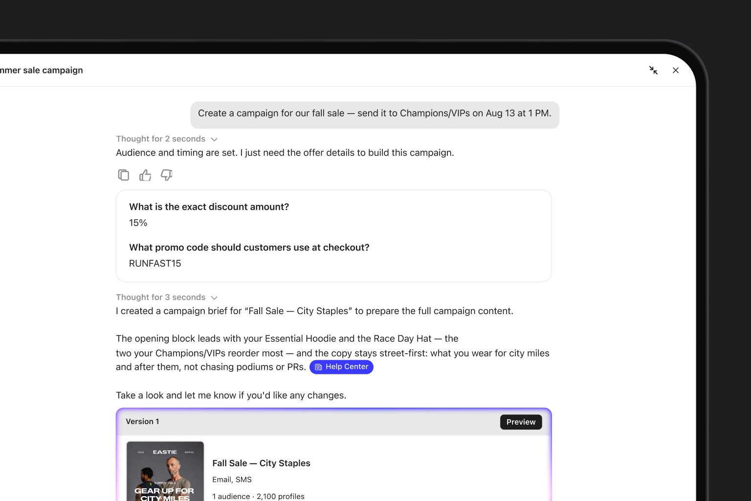 Klaviyo Composer screenshot: the agent drafts a fall sale campaign brief and shows a Help Center citation chip