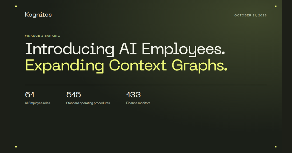 Kognitos launch graphic dated October 21, 2026 reading Introducing AI Employees, Expanding Context Graphs, with figures for 61 AI Employee roles, 515 standard operating procedures and 133 finance monitors