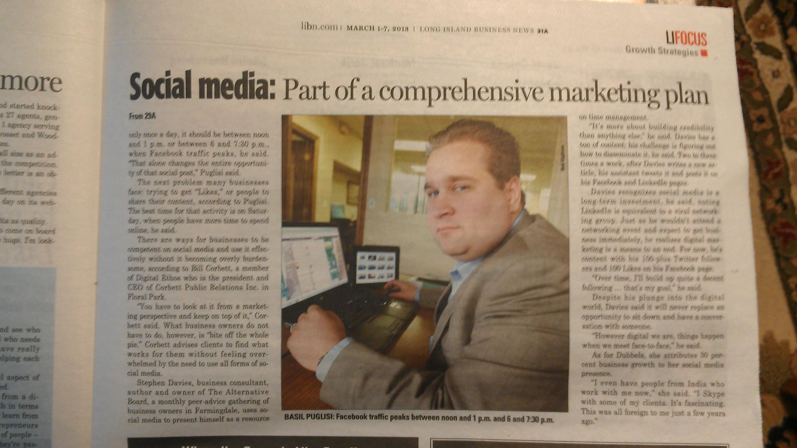 Long Island Business News, Growth Strategies, page 31A, with a photo of Basil Puglisi