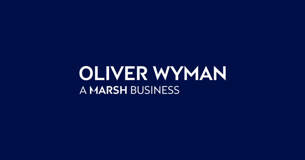 Oliver Wyman, a Marsh business, logo in white on a dark blue background