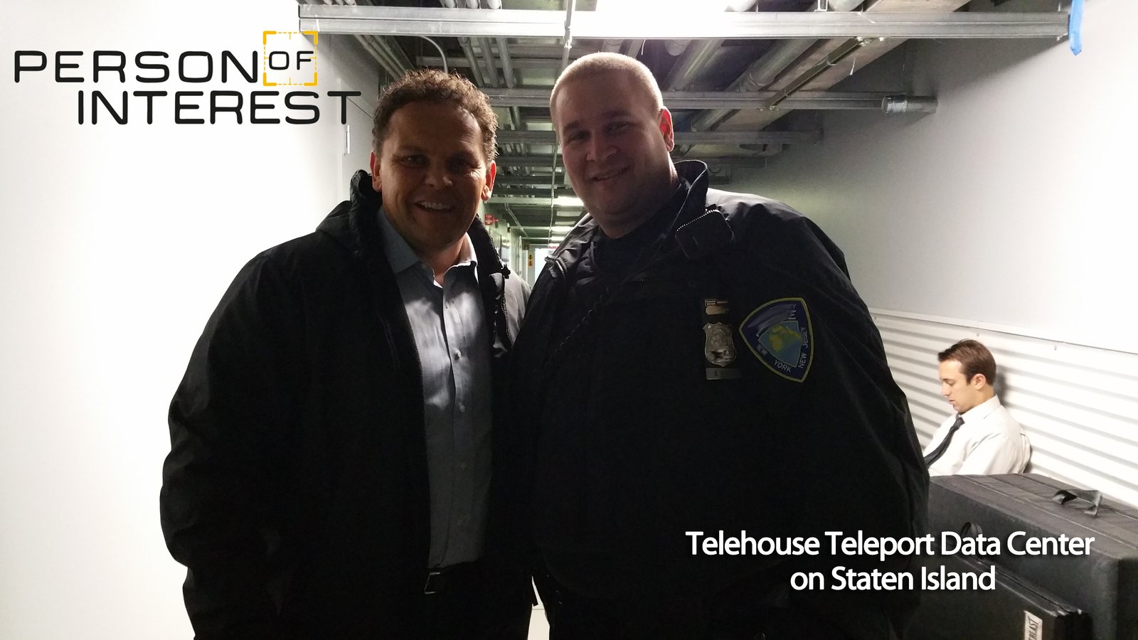 Basil Puglisi in Port Authority Police uniform with Kevin Chapman, who played Detective Lionel Fusco, on the Person of Interest set at the Telehouse Teleport Data Center on Staten Island