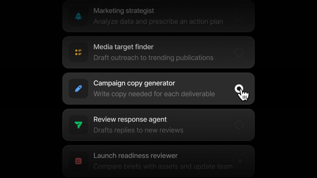 Profound Agents product graphic listing marketing agent templates such as campaign copy generator and review response agent
