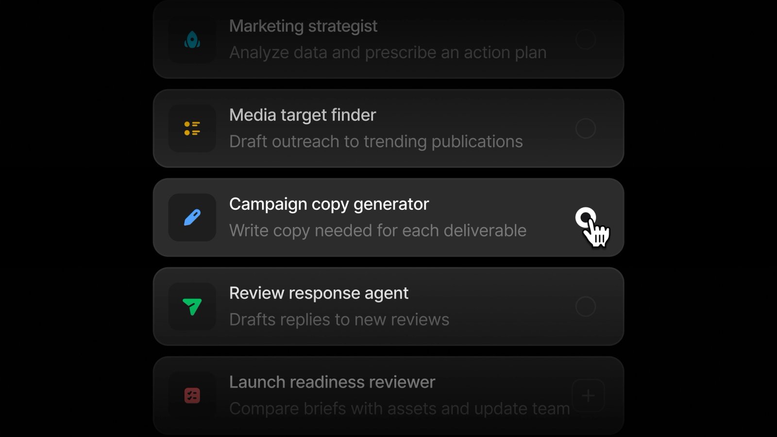 Profound Agents product graphic listing marketing agent templates such as campaign copy generator and review response agent