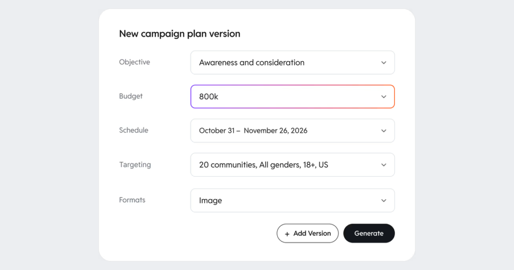 Reddit Ads Manager campaign planner screenshot showing a new campaign plan version with fields for objective, budget, schedule, targeting and formats, and a Generate button
