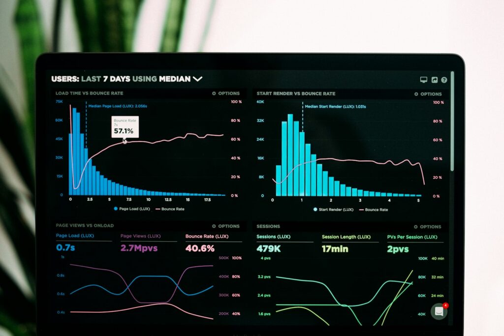 Laptop screen showing analytics charts used as a stand-in for production AI agent performance monitoring.